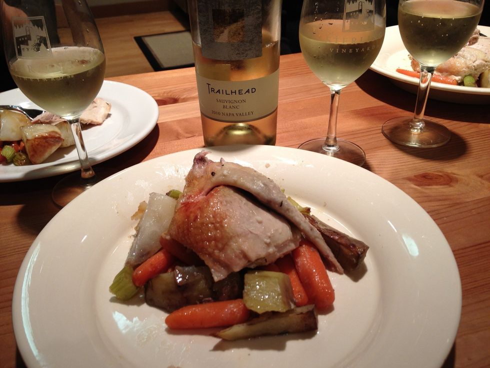 Plate the vegetables first with chicken on top for a good presentation. Pair with a bottle of white wine.