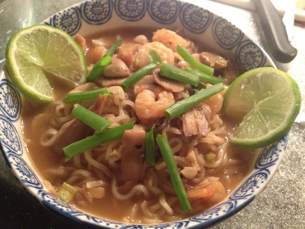 Plate with some fresh scallions and lime slivers, Enjoy!!