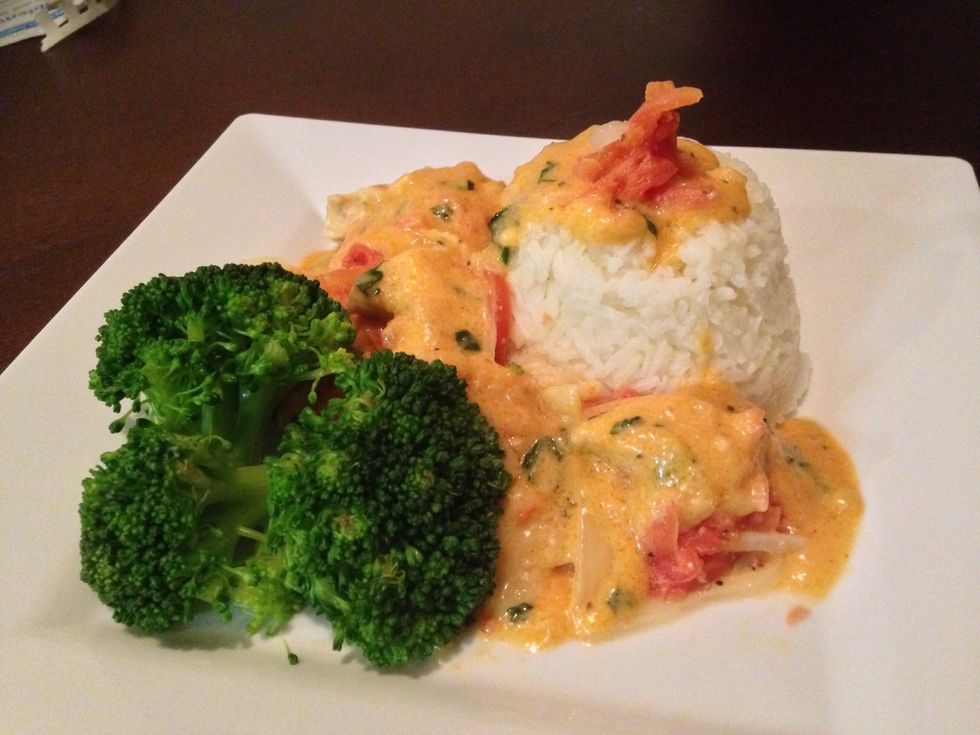 Plated with broccoli and rice. Keep it simple!