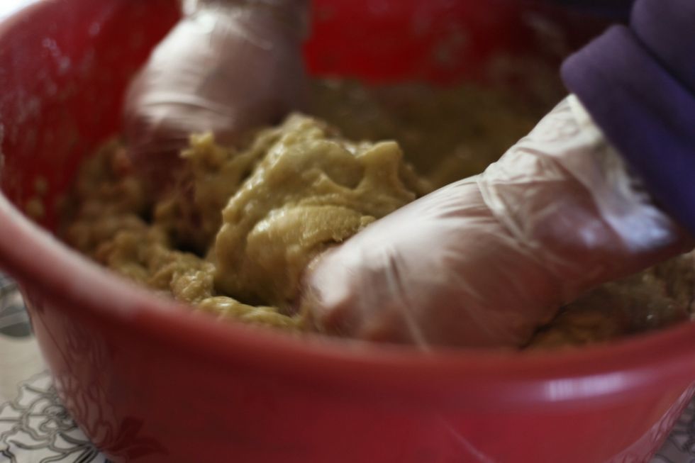 Play time!!! Mix, mush, knead and get the dough looking nice and shiny and make sure no flour is sticking to the bowl. Cover with a blanket and leave it for an hour or so.