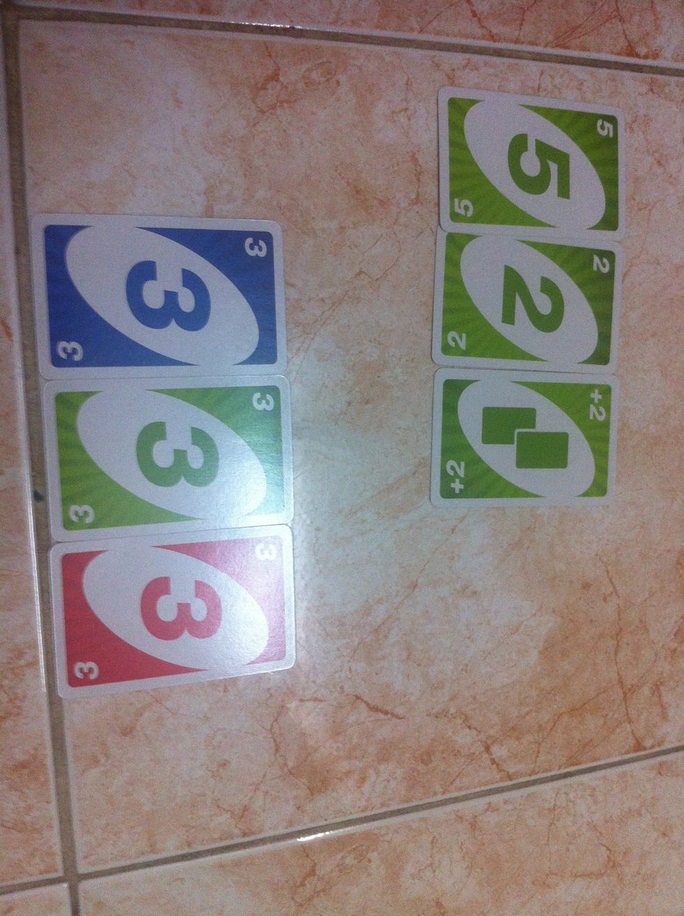 Player to the left of the dealer plays first. Play passes to the left of the start. When it's your turn, you must match the same number or colour with the before player.