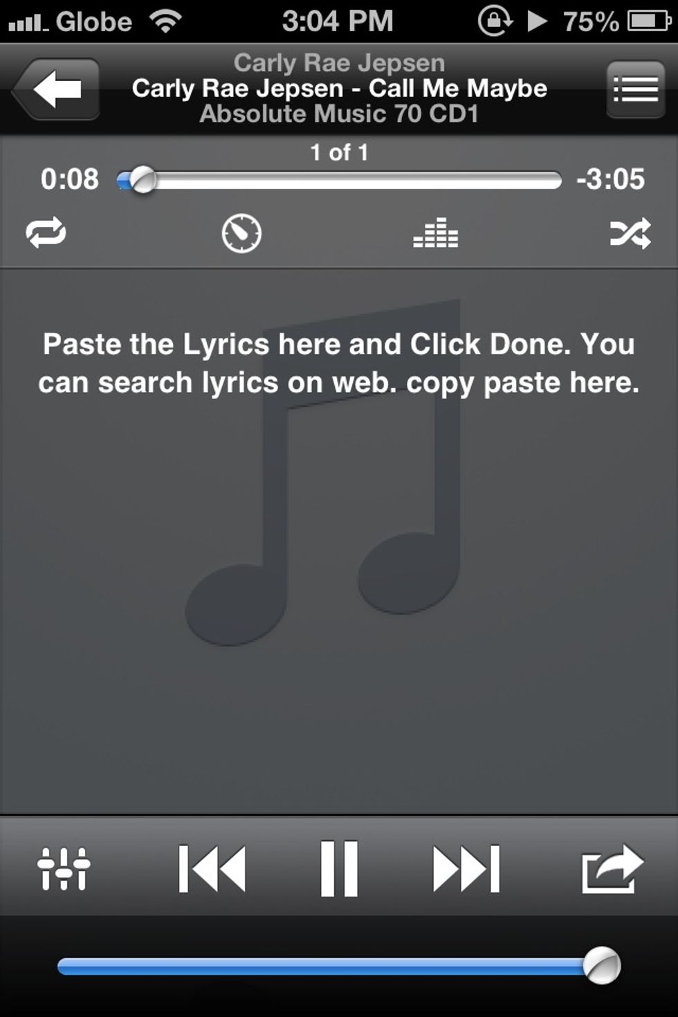 Playing song with scrollable lyrics.