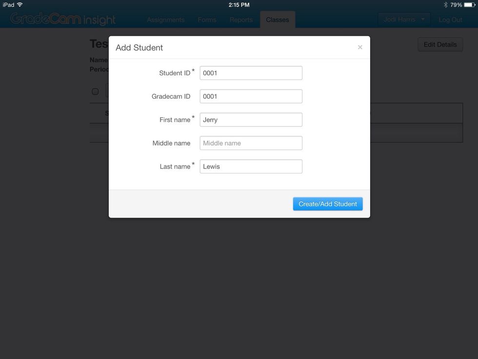 Please add student ID # 0001. You can give whatever name you choose. Hit create/add student. Repeat with ID numbers through 0010. These will be our test kids to scan.