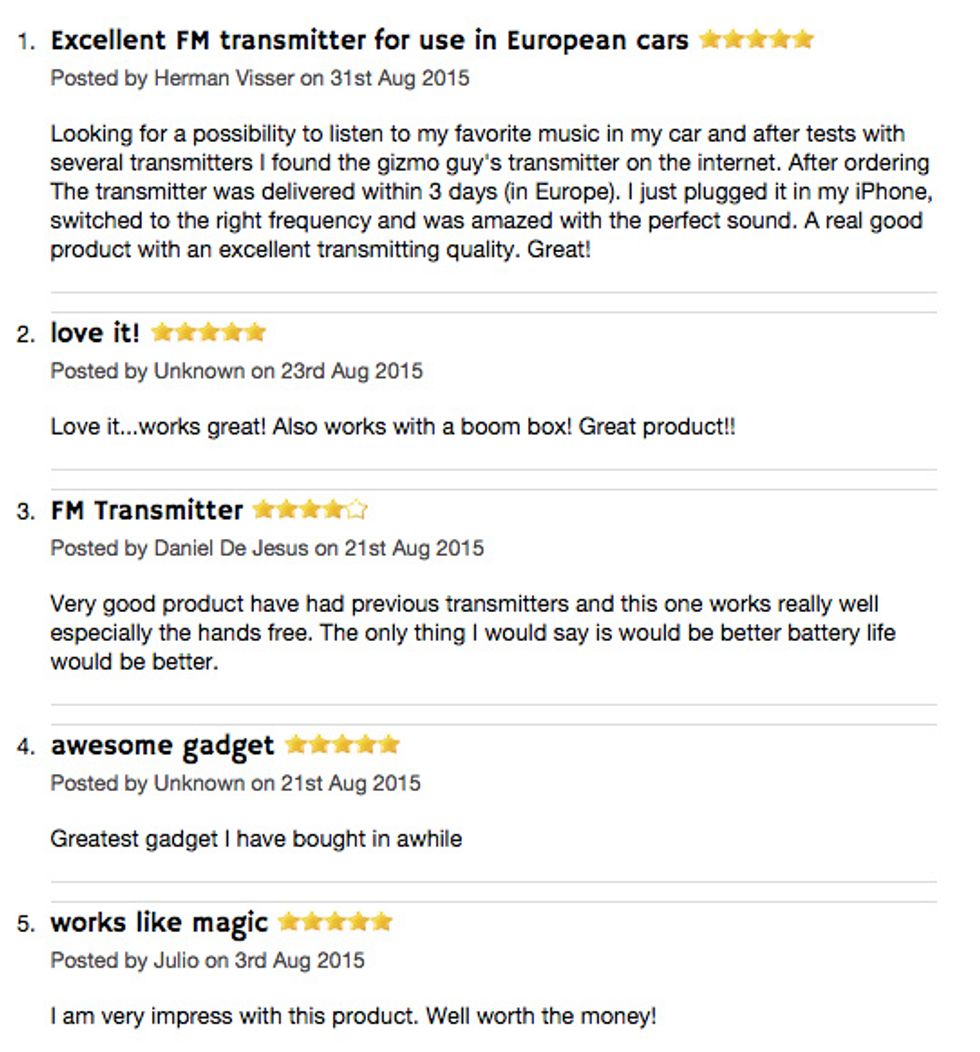 Please check out our web site for more awesome customer review and testimonials http://www.iphonefmtransmitter.com/music-transmitter-for-iphone-6s-iphone-6s-plus/