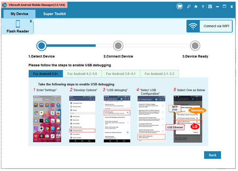 Please connect your Android phones to the computer, and then open USB debugging and choose "USB debugging opened" in the bottom of the panel, and then click "Next" button.