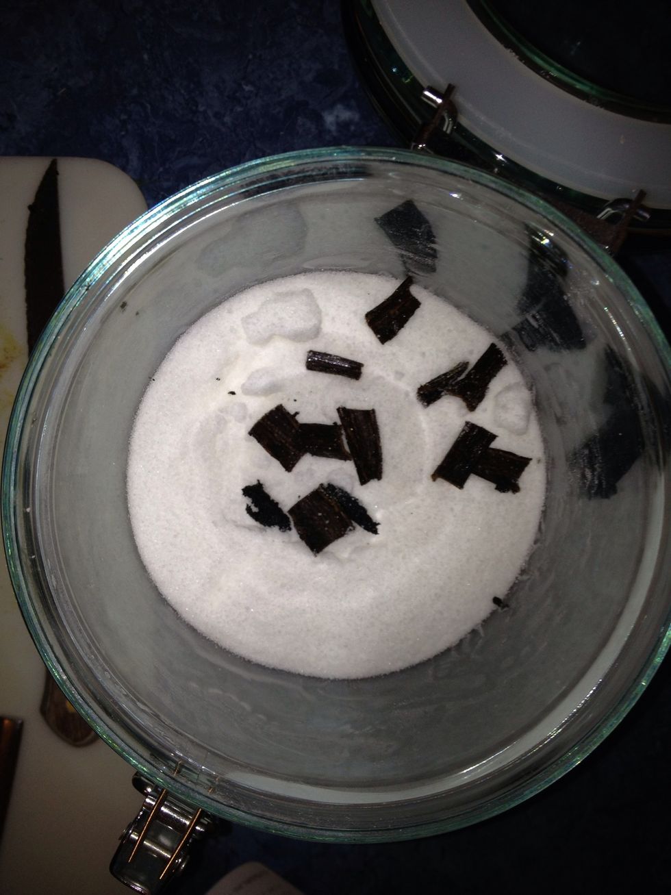 please cut the Empty Vanilla beans into about inch long pieces, add to the sugar mix Store in an airtight container Strain the bean shells out of the sugar bean HOME MADE VANILLA SUGAR