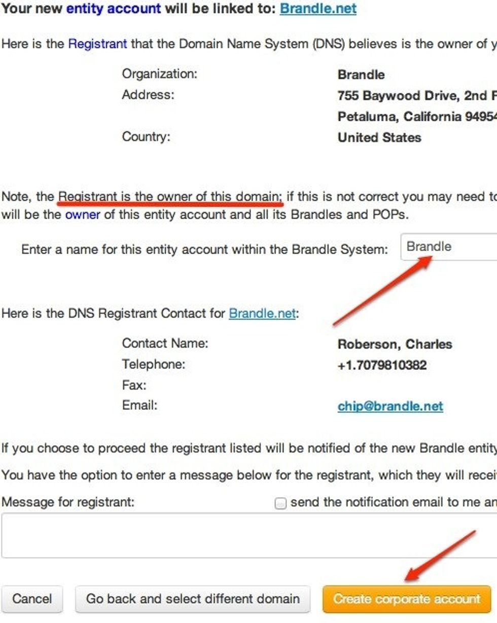 Please review the information on this page. Make sure you have the correct account name entered in the box. Clicking the Create Corporate Account button will complete the entity creation process.