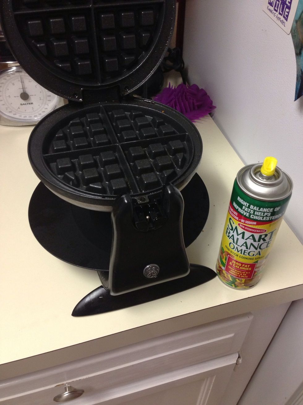Plug in and spray your waffle maker. If you don't have one, use a pan and make then as pancakes:)