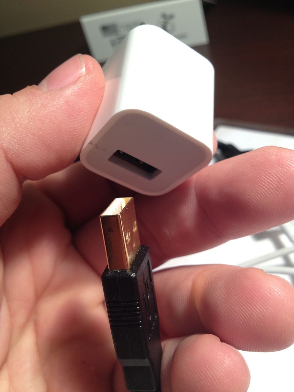 Plug the male adapter from the USB cable into the wall adapter charger.