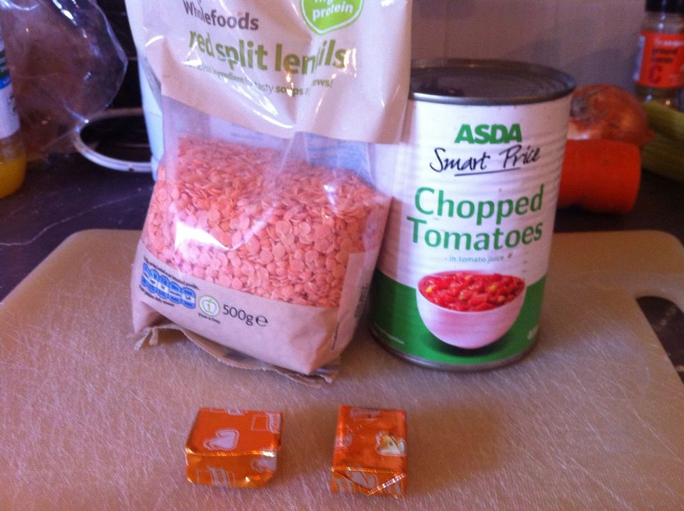 plus Red Lentils, stock cubes & tin of chopped tomatoes