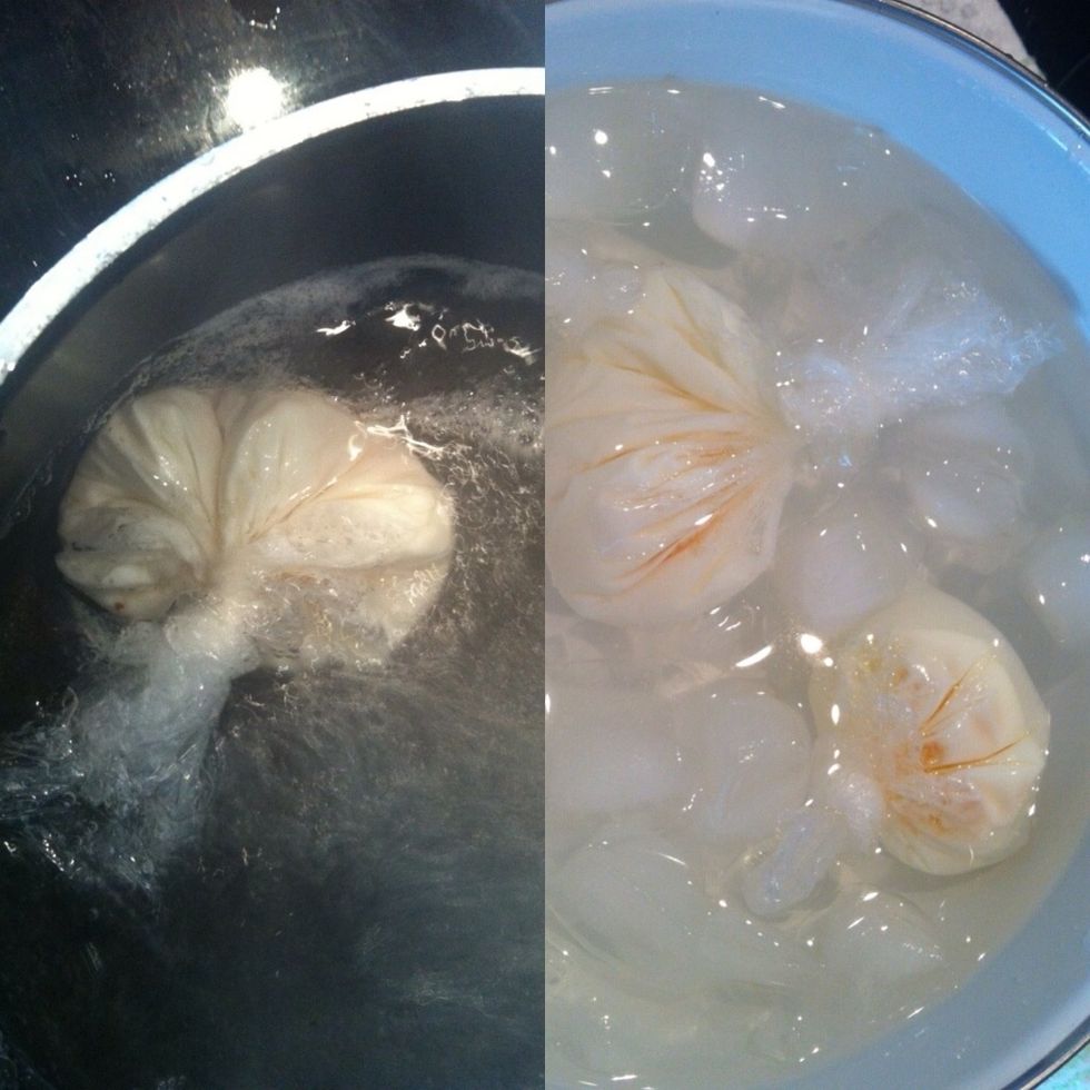 Poach your egg 4-8 mins depends on how u like ur eggs then put them it ice to stop it for cooking to warm it up just leave them in warm water before serving