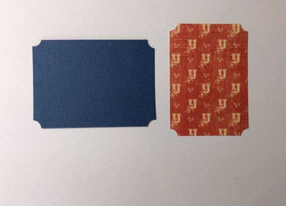 POCKET TWO : Cut 1 blue card stock mat at 4 x 3 inches and cut 1 paper mat from the paper collection at 2 5/8 x 3 3/4 inches and corner punch all corners.