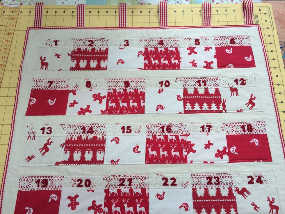 Point the hanging loops up and sew , making sure the are all the same length. If not adjust before you sew in place.