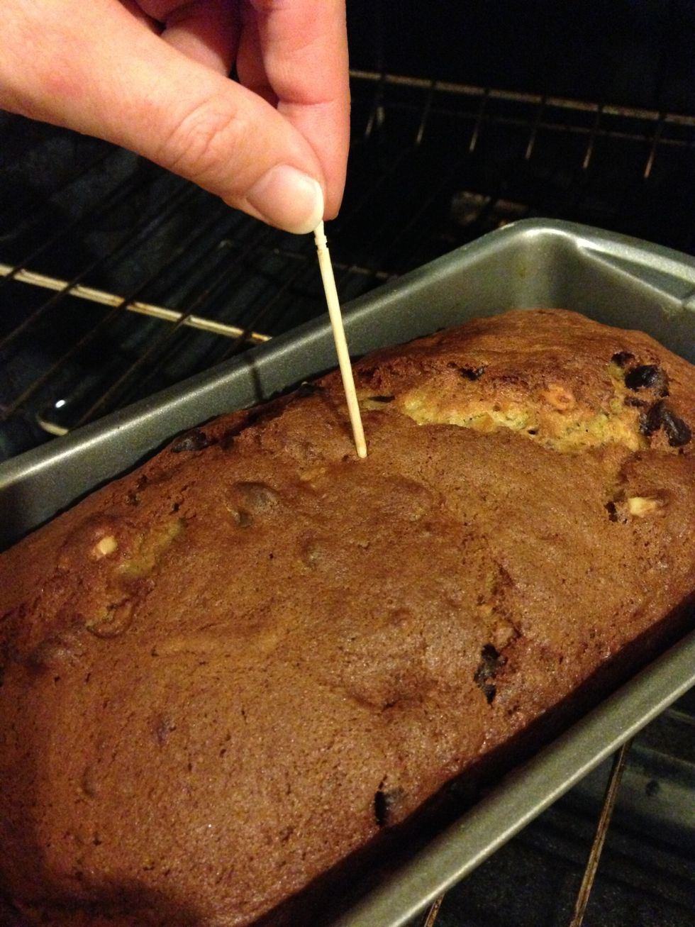 Poke a toothpick into the centre of the loaf to see if it comes out clean. Bake it longer if you see batter on the toothpick. If the loaf gets too brown, cover the pan loosely with a piece of foil.