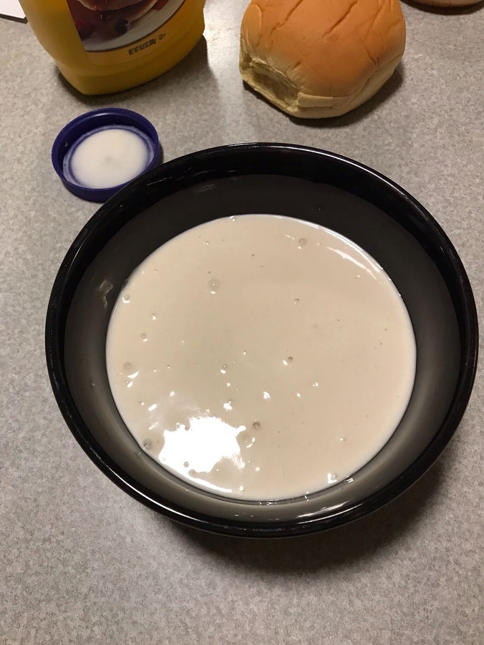 Poor a cup and half worth of water in bisquick and pour in bowl