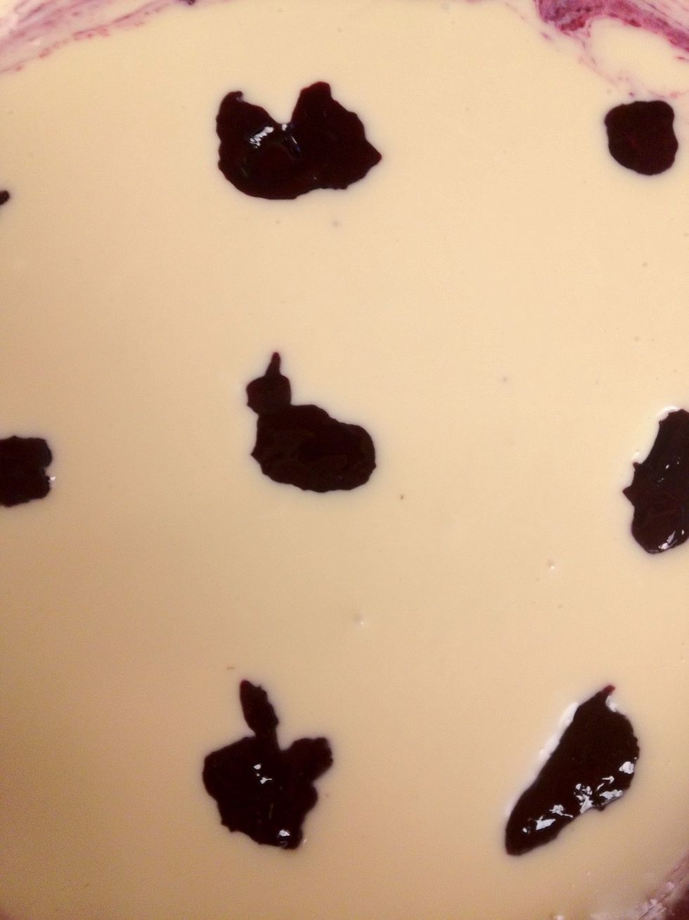 Poor half of the batter into the pan and dollop 1/2 of the blackberry mixture on top.