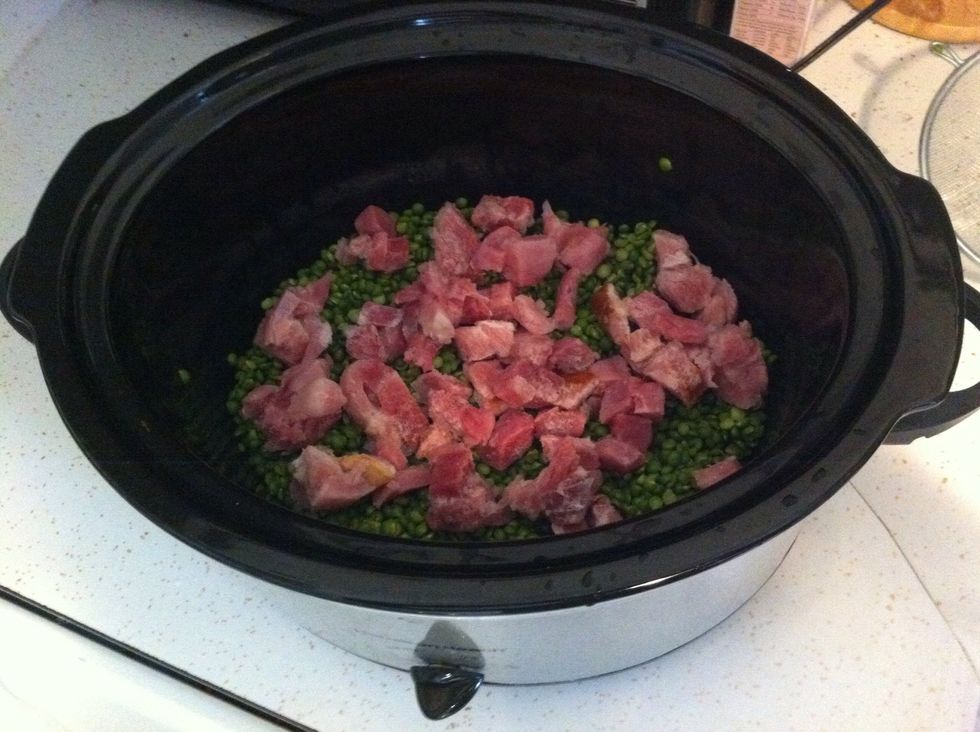 Poor in 2 cups of ham chunks. ( to save money on this soup I buy a ham when they go on sale after Easter. I chop up the ham and measure in two cup bag and freeze. )