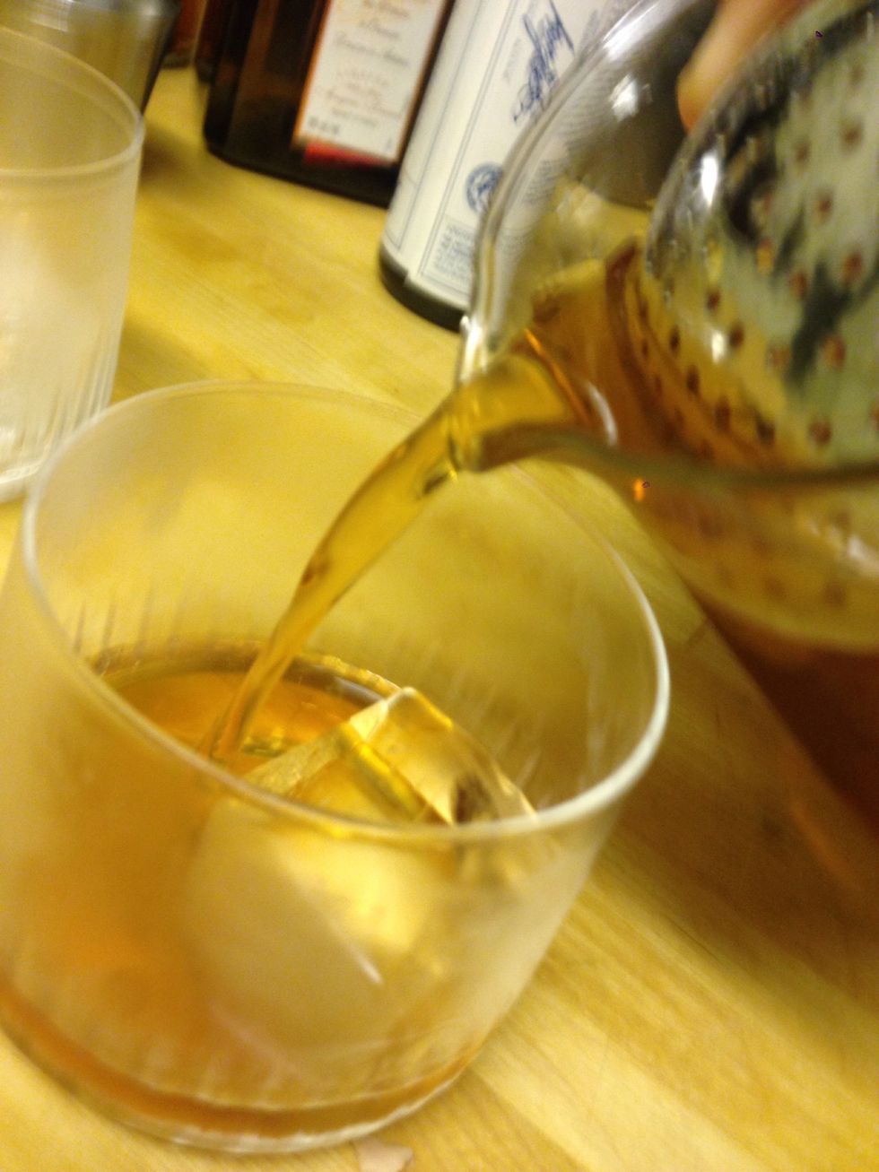 Poor into a rock glass or a tumbler with a cube or two of ice. Garnish with lemon peel.