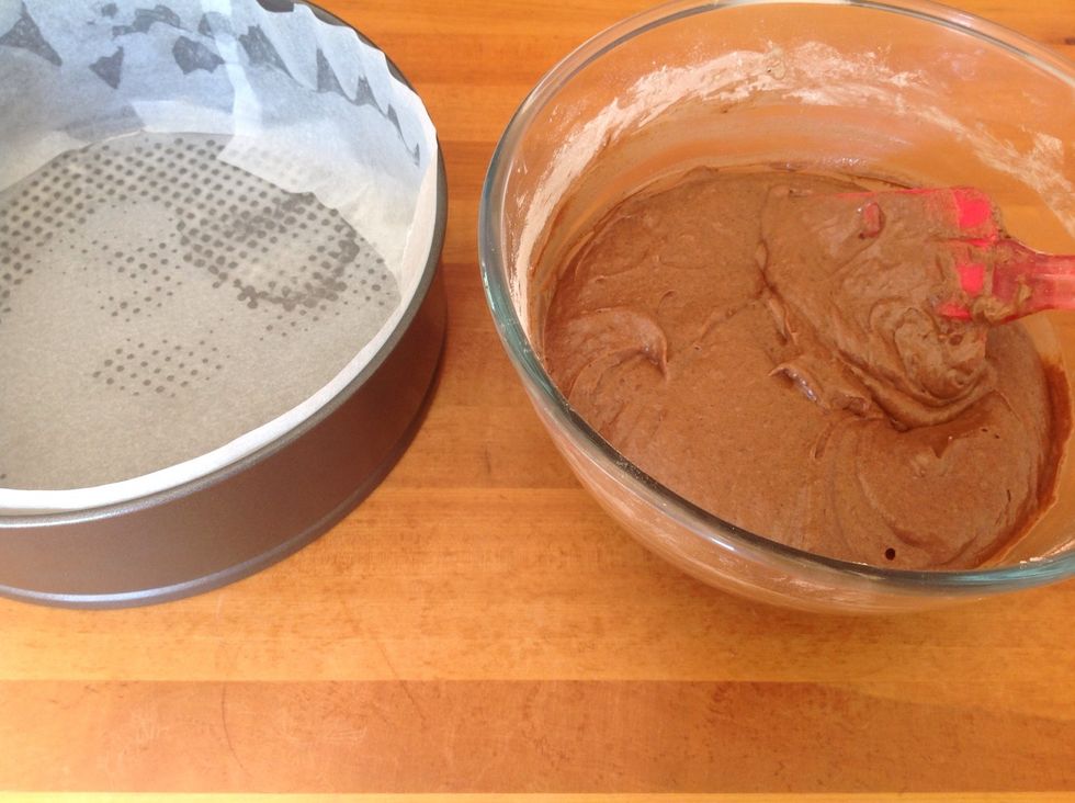 Poor mixture into lined cake tin