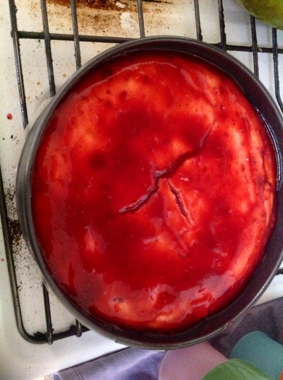 Poor onto cake once it comes out of the oven then place in fridge for 4 hours