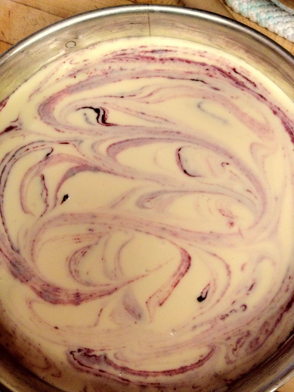 Poor remaining batter and dollop remaining blackberry sauce. Use a knife or fork to make fancy swirls.
