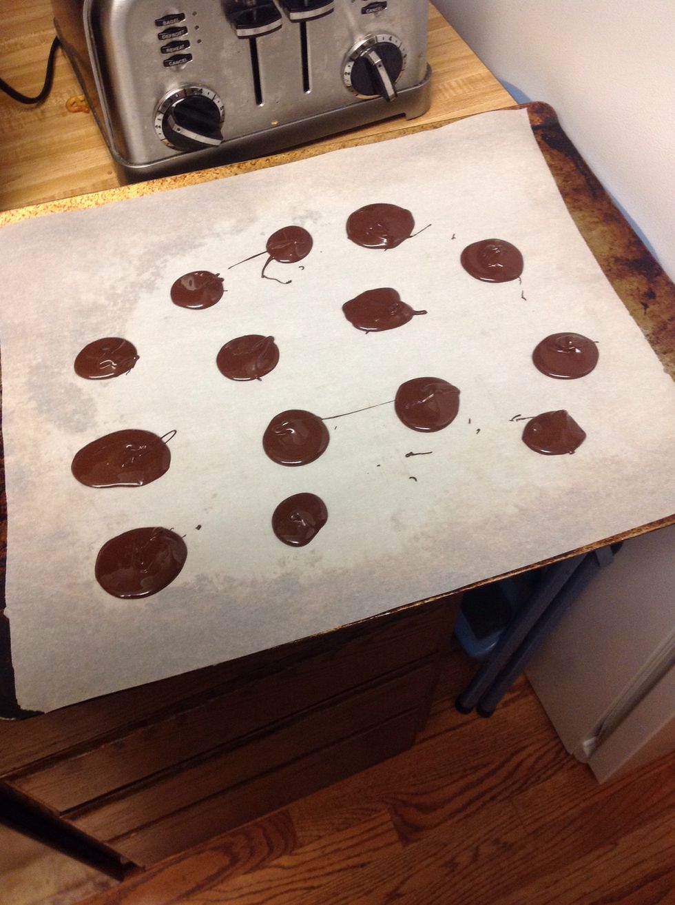 Poor the chocolate into little circles onto the wax paper(they can be as big as you want..)