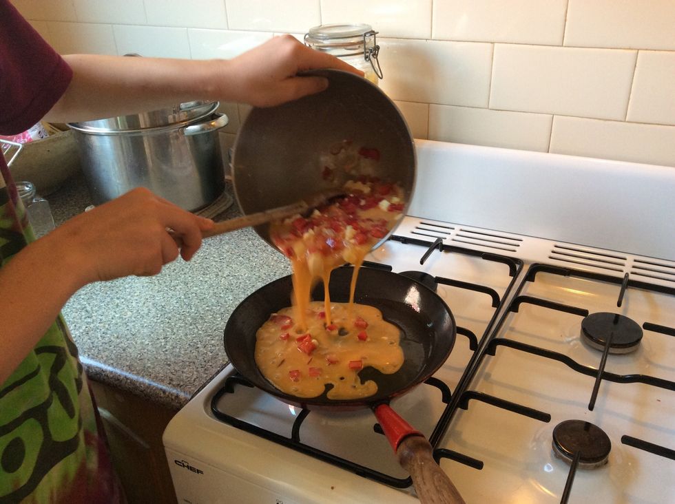 Poor the mixture into the hot pan and then turn the heat down