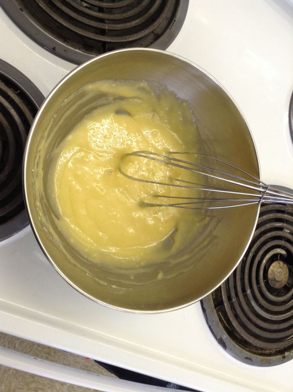 Poor the wet ingredients in to the the dry ingredients stir till it looks creamy. Poor into pan and put in oven for about 30 mins.