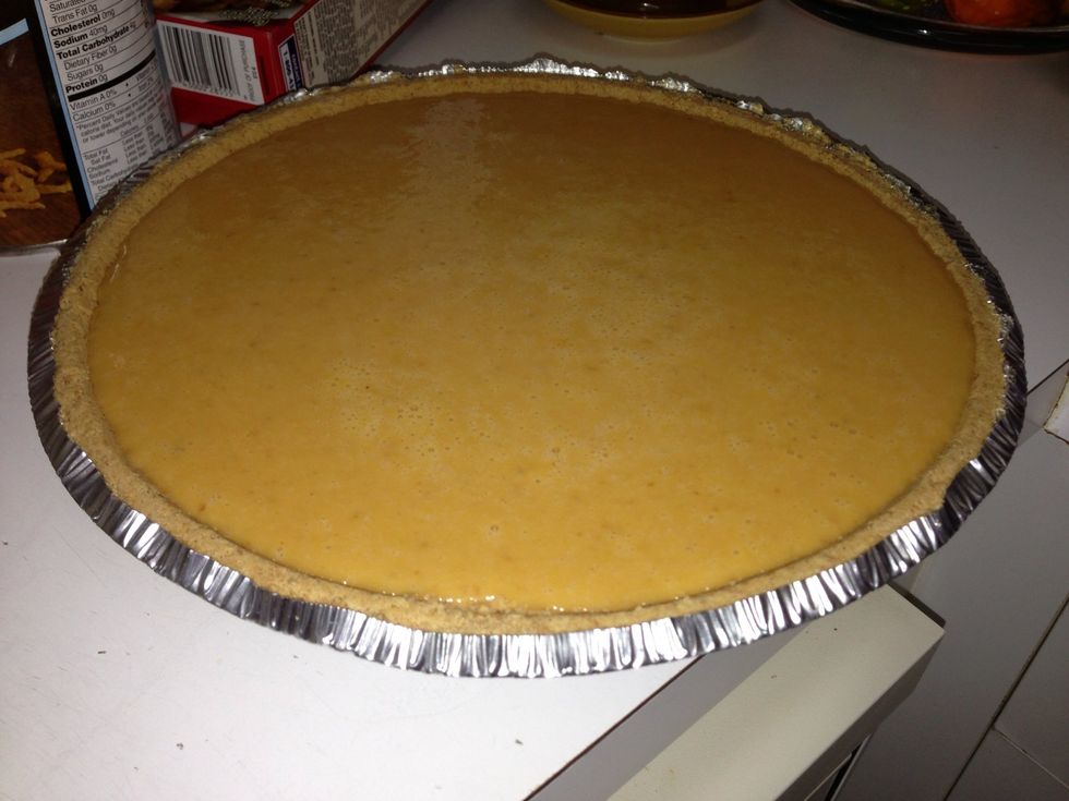 Poor your filling into the crust and bake in preheated 425 degree oven for 15 minutes. Then lower the temp to 350 for another 45 minutes or until an inserted knife comes out clean. Refrigerate.