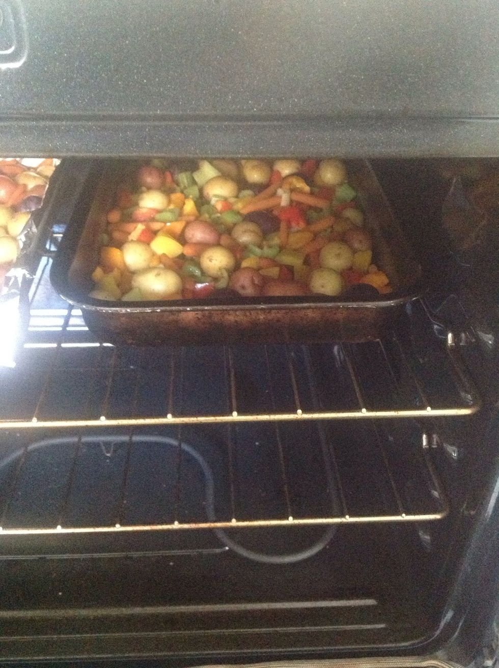 Pop in oven (350 degrees) and coat the whole shebang with half cup tamari.