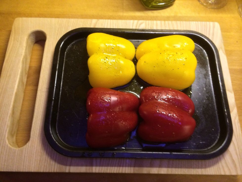 Pop on a tray skin side up and drizzle a little olive oil on them, followed with a sprinkle of salt and pepper. These will need to go under a grill for between 15-25 mins untill the skin turns black.