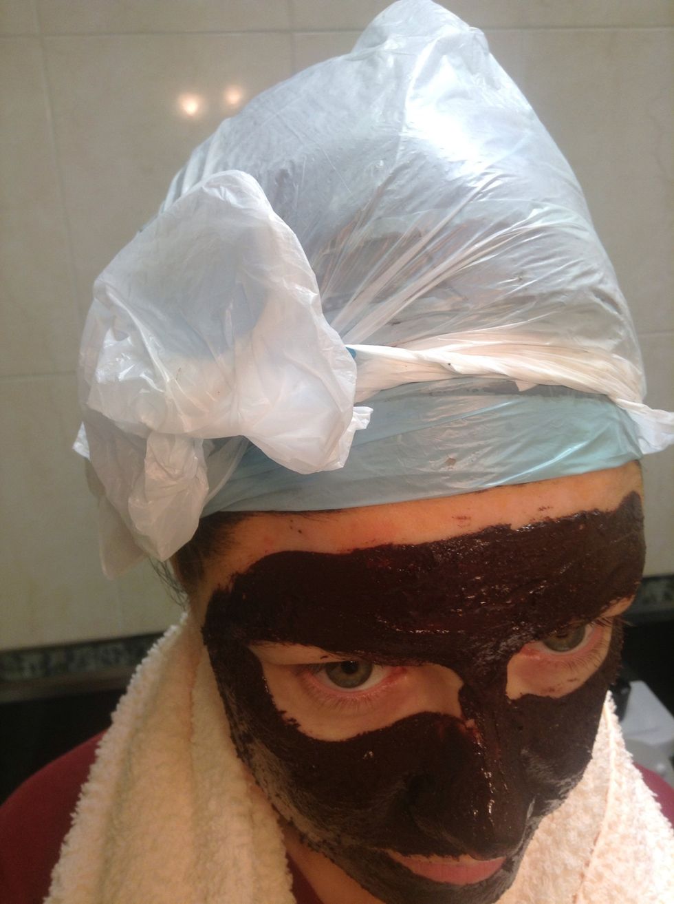 Pop one plastic bag tied at the neckline, then another over the top tied at the front. This time lends itself perfectly for a face mask.  I like honey, cinnamon, cocoa powder & a drop of tea tree oil.