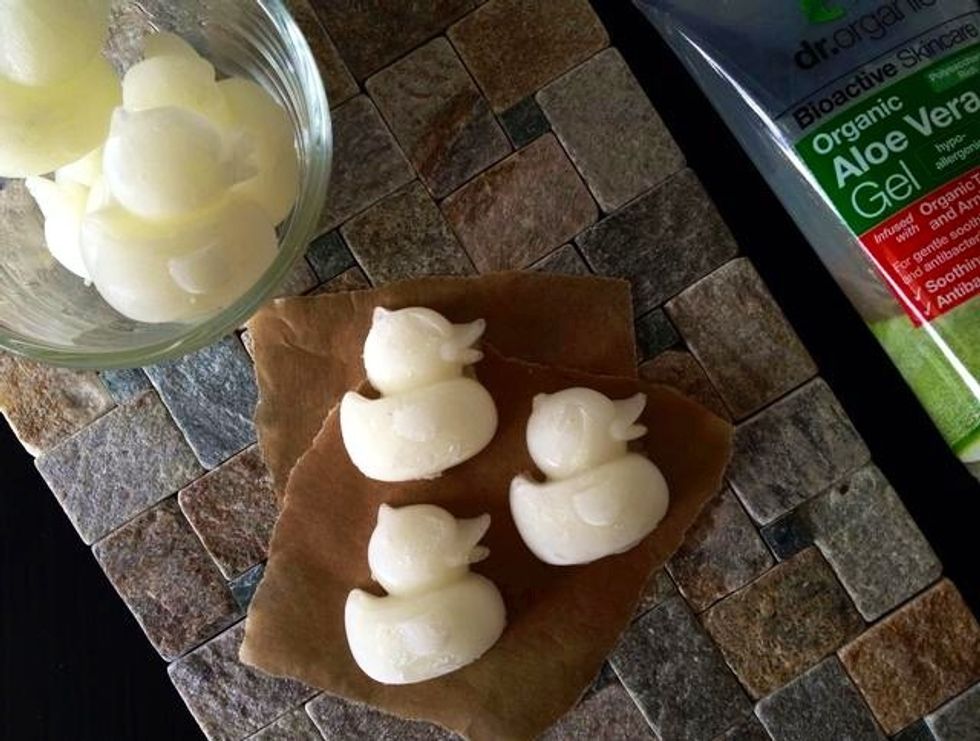 Pop out your frozen ducks and transfer to a freezable storage container or bag. To use, grab one of these from the freezer with a kitchen towel and rub on affected area(s) and leave to soothe.