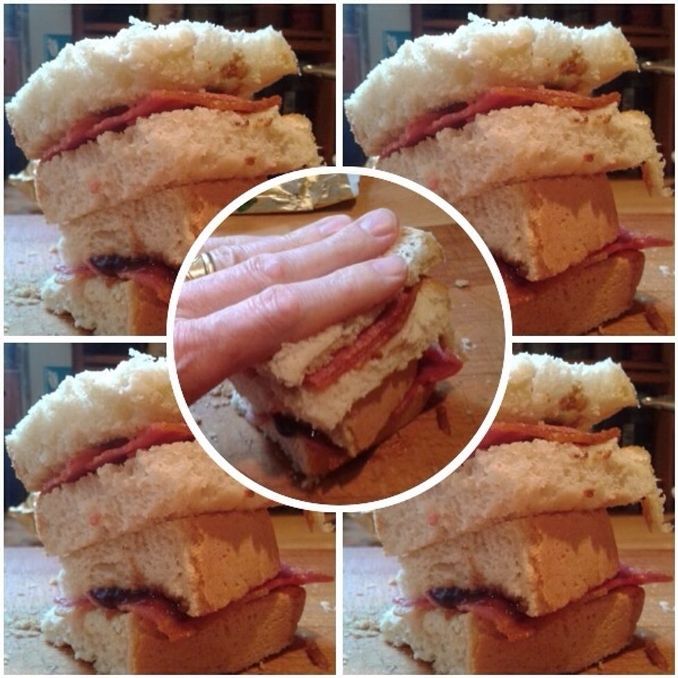 Pop the lids on, give a gentle squeeze and repeat with the rest of the bread and bacon. Serves 4. I had to cut my slices very thick because I had just baked it. Thin slices work just as well.