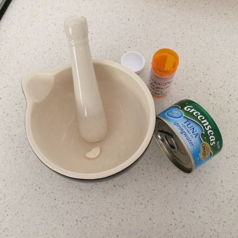 Pop the tablet into the bowl and grind it down to a fine powder. Mix it into a small tin of tuna in spring water - including the spring water so the powder can't get away! Serve to happy puppy!