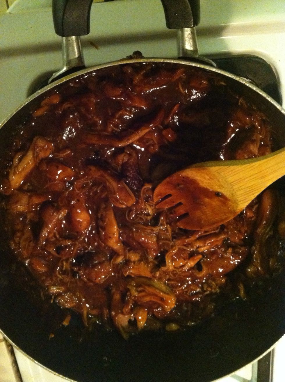 Pore it into the chicken mix once the chicken is chopped down.