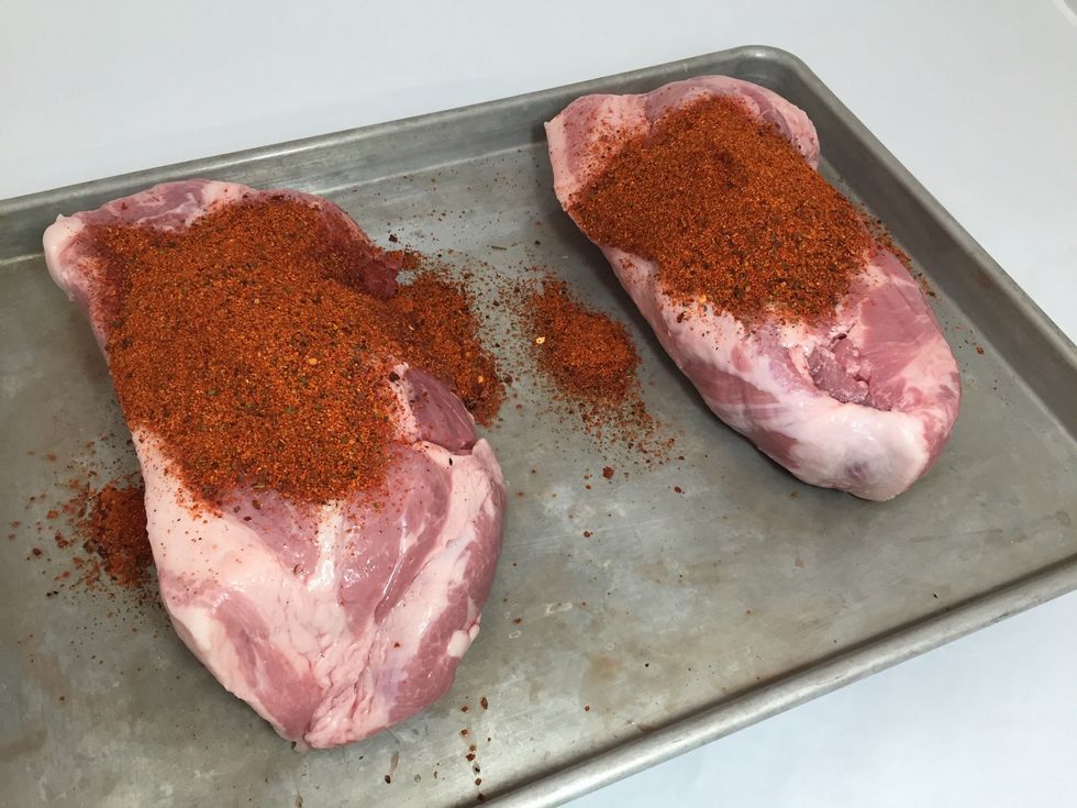 Portion the seasonings over the meat.