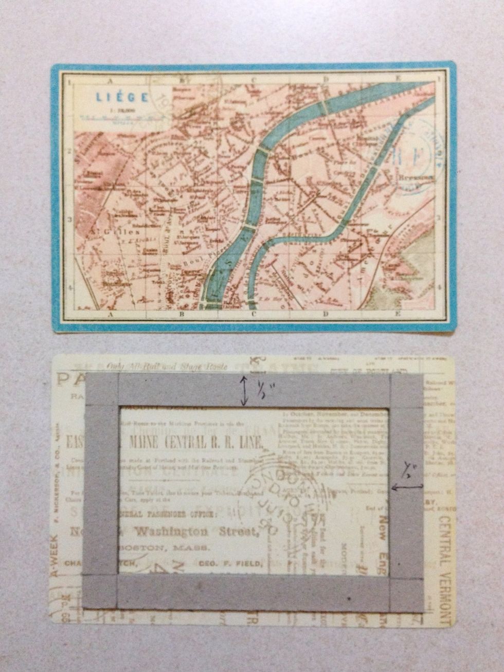 Position the 0.5" chipboard frame at the centre of this ephemera card (on the reverse side as shown on the 2nd piece) and use a pencil to trace around the sides and the centre...