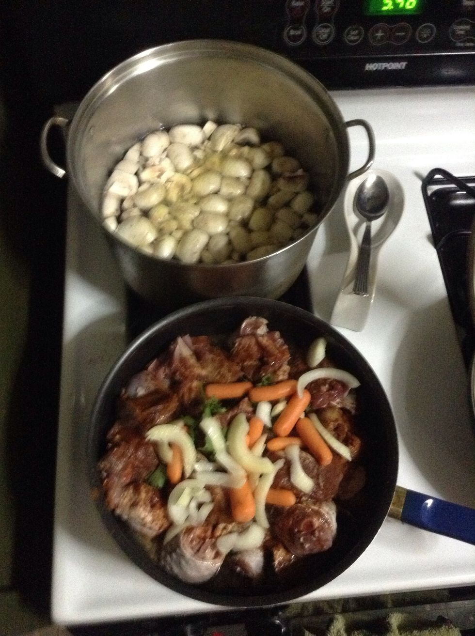 Pot of water with fresh mushrooms boiling just before I add collards, spinach and cilantro.