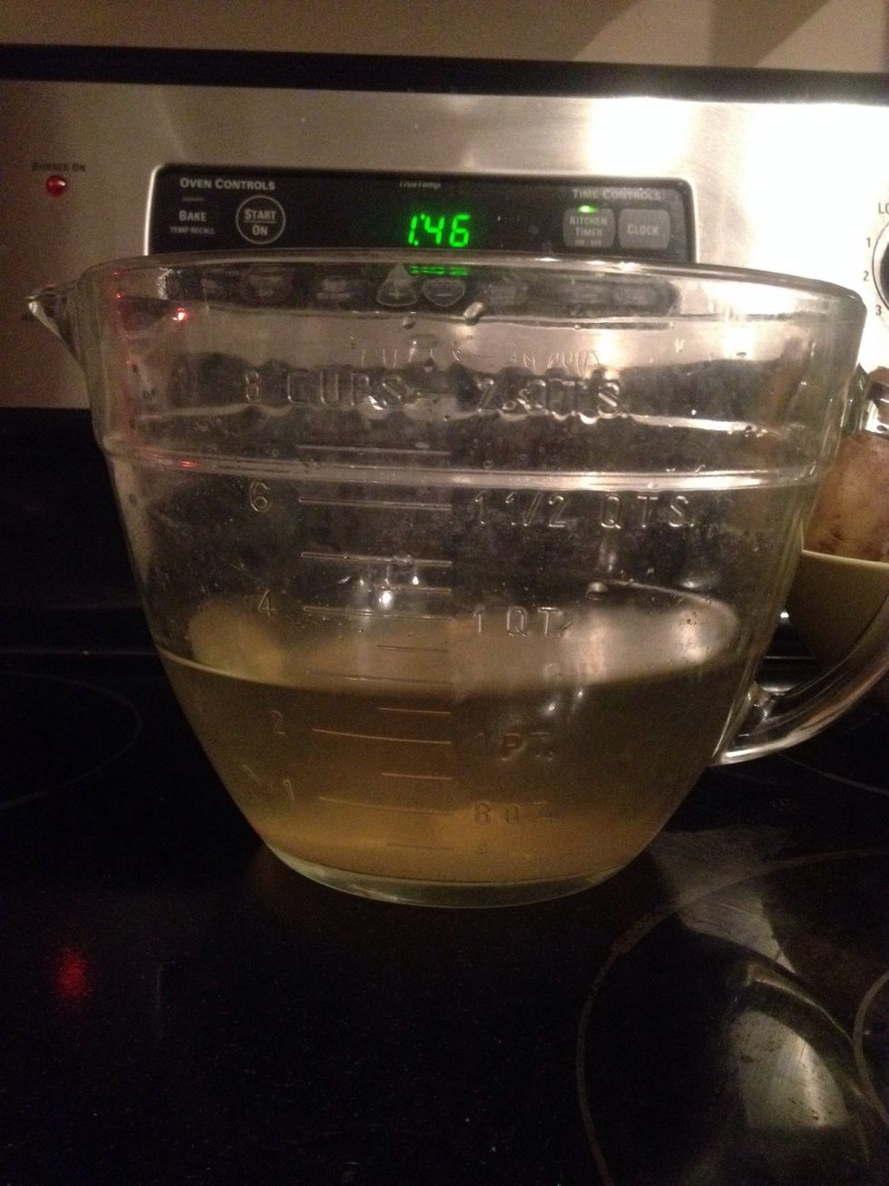 Potato water made by boiling a couple baking potatoes, needs to be luke warm.\nAdd the yeast mixture to the potato water and stir to combine.