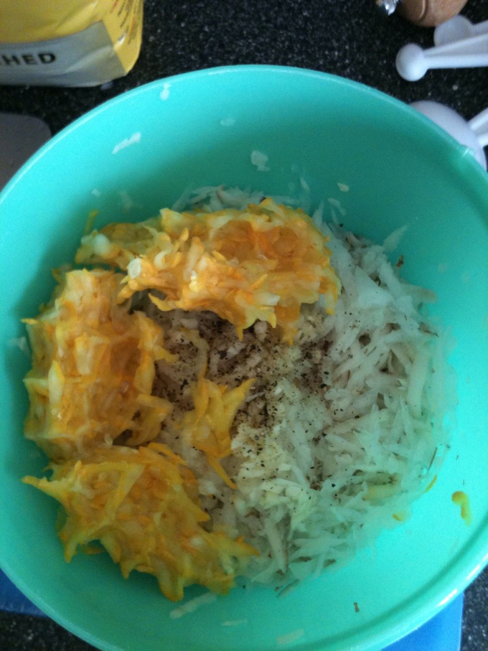 Potatoes: Drain, rinse then squeeze out as much water as you can. Zucchini: Rinse and squeeze out ALL liquid via cheesecloth.  Add the onions and garlic to potato and zucchini. Add salt n' pepper.