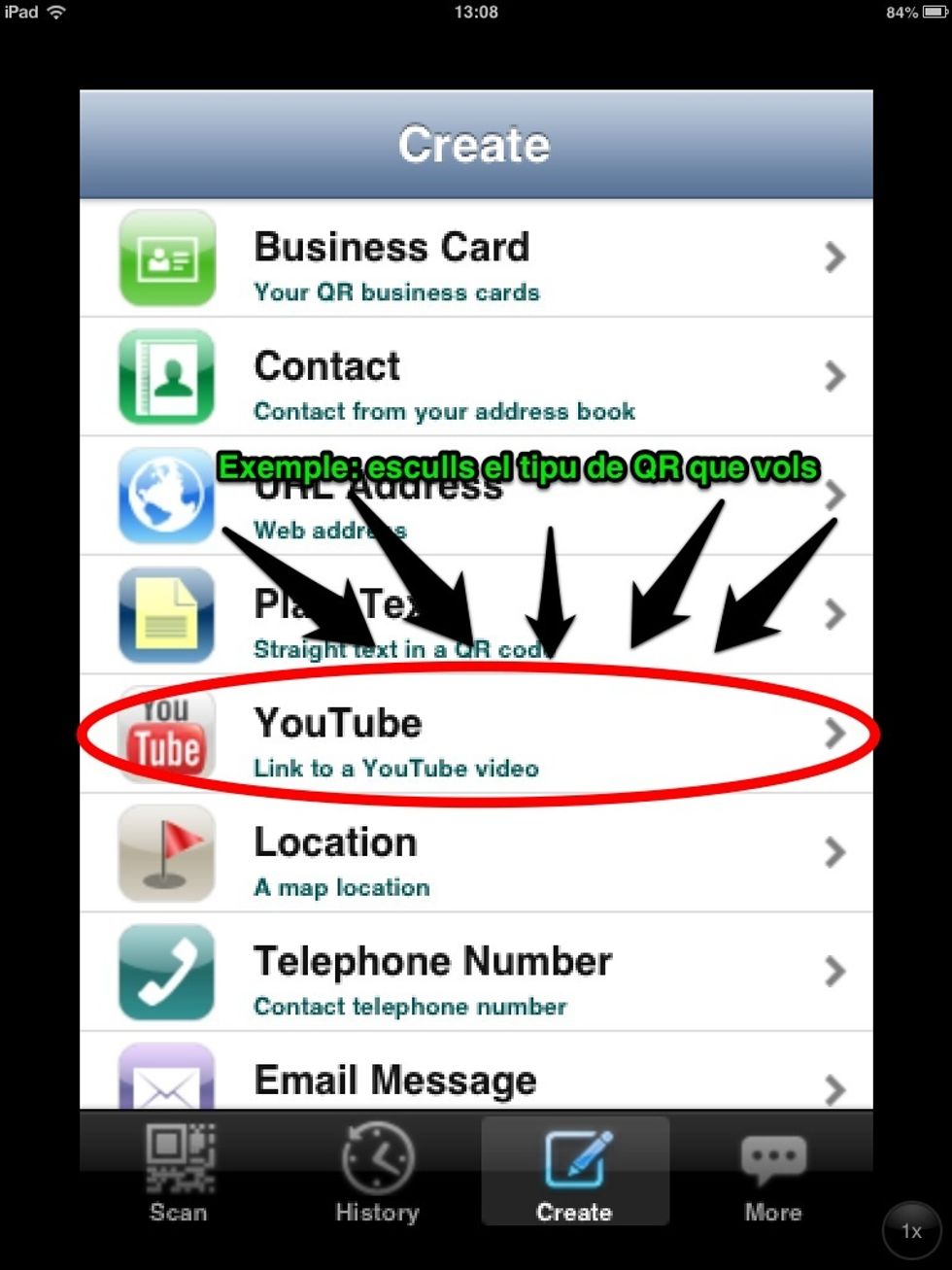 Pots escollir diferents tipus de QR \u00e9s a dir que en un QR hi pots inserir diferents tipus d'informacions, en aquest cas seleccionarem un v\u00eddeo YouTube