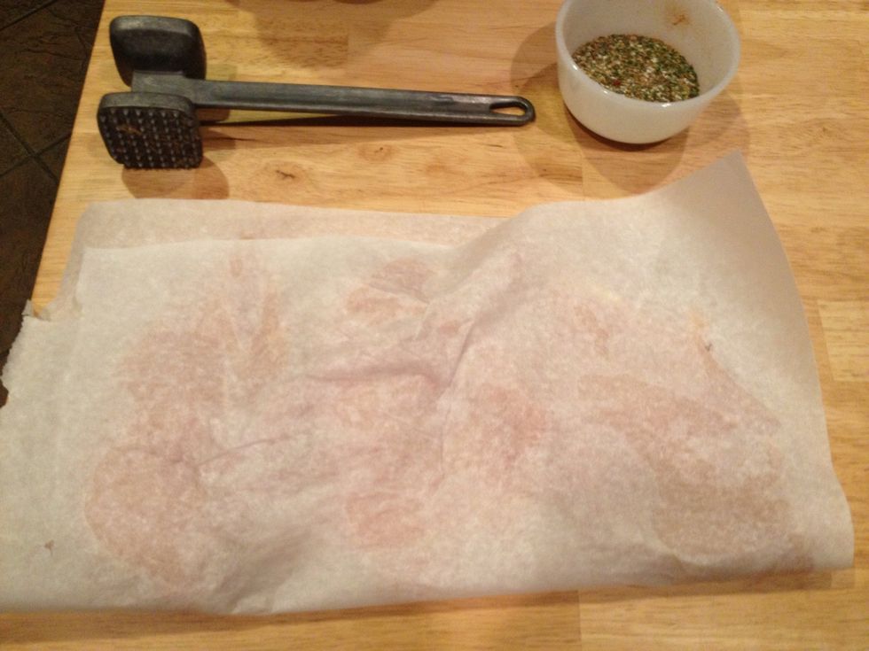 Pound chicken with mallet to tenderize and ensure even grilling...take some aggressions out!