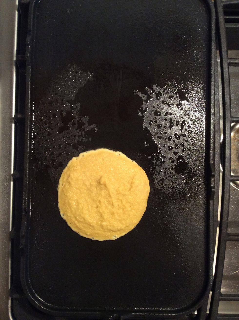 Pour 1/3 cup of the mixture into the griddle and wait three minutes before flipping.