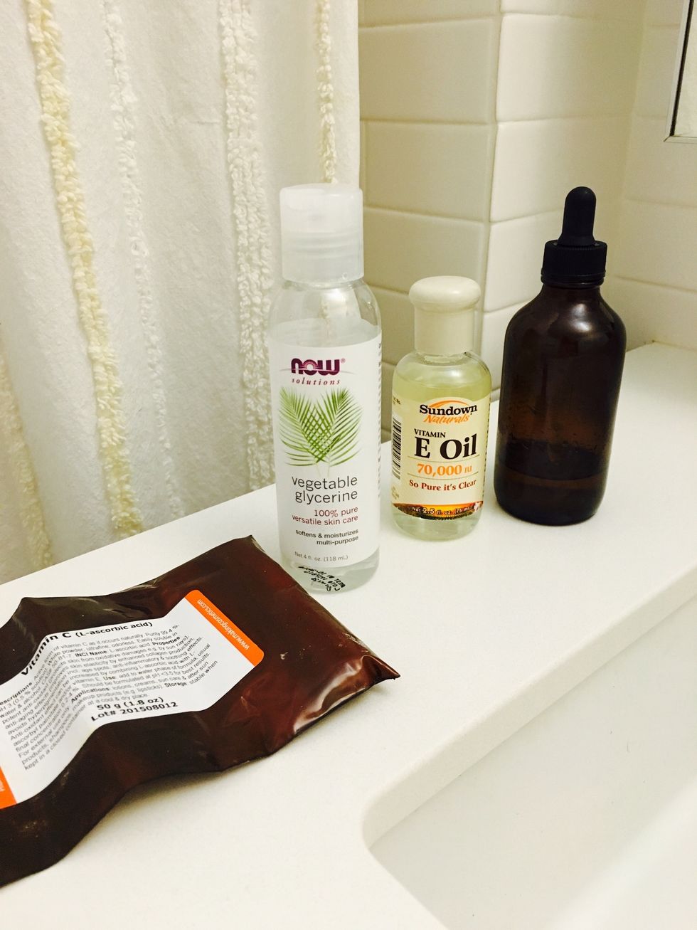 Pour 1/4 cup of Vegetable Glycerin into the glass bottle. It's important to use a dark bottle because Vitamin C deteriorates when exposed to sunlight.