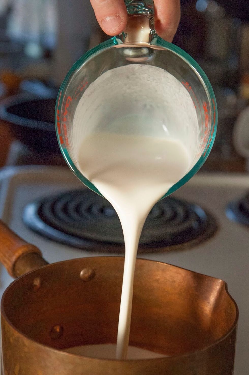 Pour 1 and 1/2 cup of whatever milk you are using into a pot, along with the ground cardamom seeds and whatever sugar you want. With sweet fruit you need less or no sugar. It's up to you.