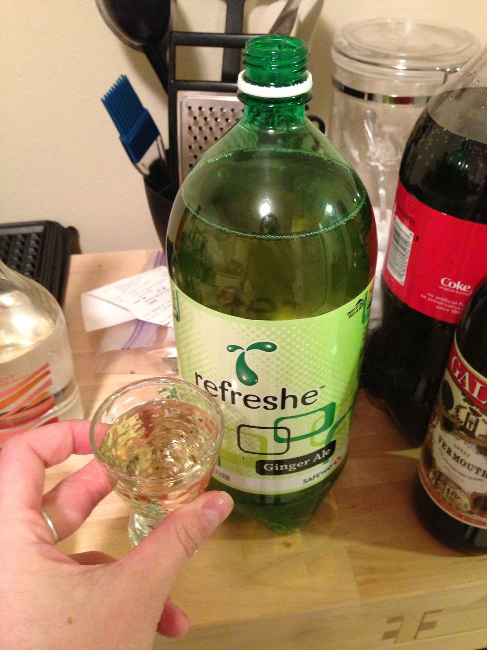Pour 2 ounces of ginger ale into a glass. It probably would taste better with 7up.