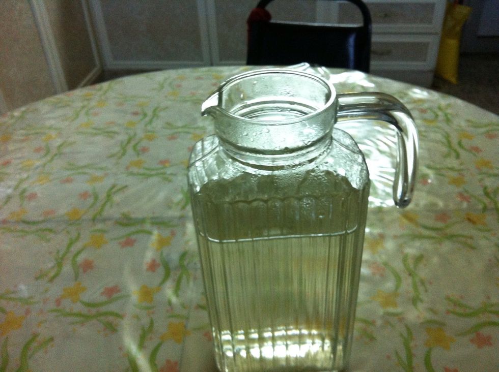 Pour 6-8 cups of hot (not boiling) water in a heat proof pitcher. 6 cups gives you a slightly strong tea, 8 cups give a slightly weak tea.