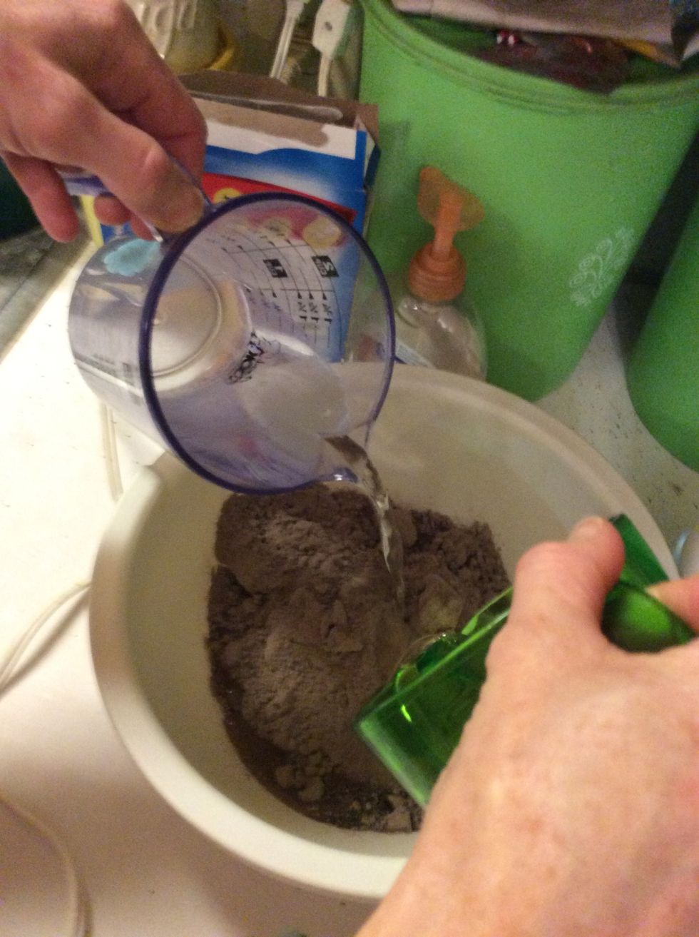 Pour a cup of water and a 1/2 cup of veg. Oil