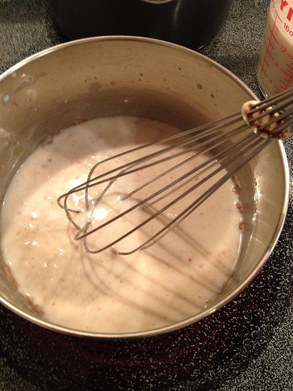 Pour a little of the soup mixture into the buttered flour. Whisk well.